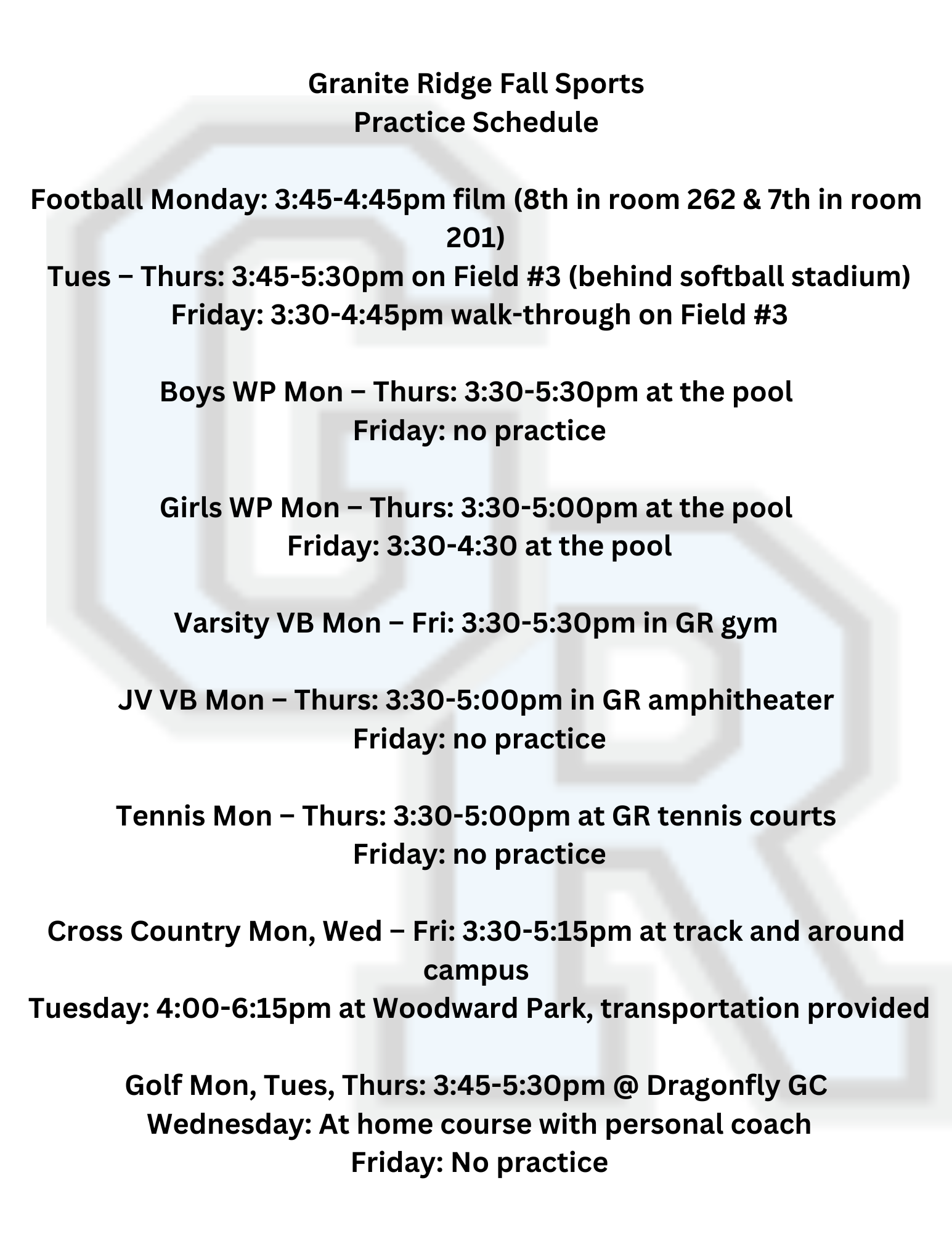 granite ridge practice schedule