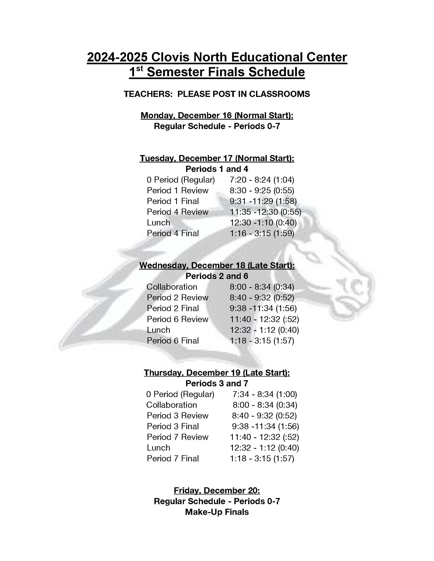 1st Semester Finals Schedule