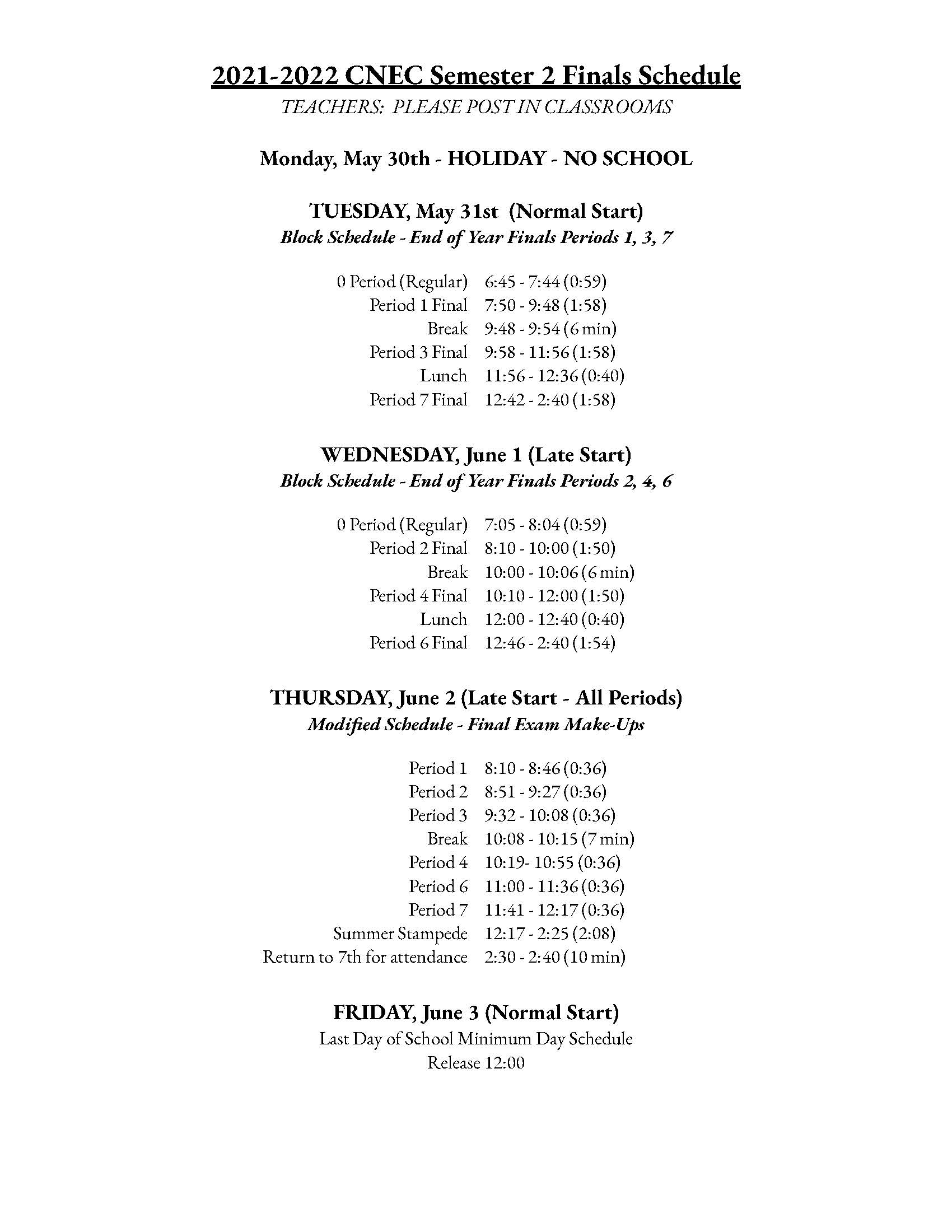 2nd semester finals schedule