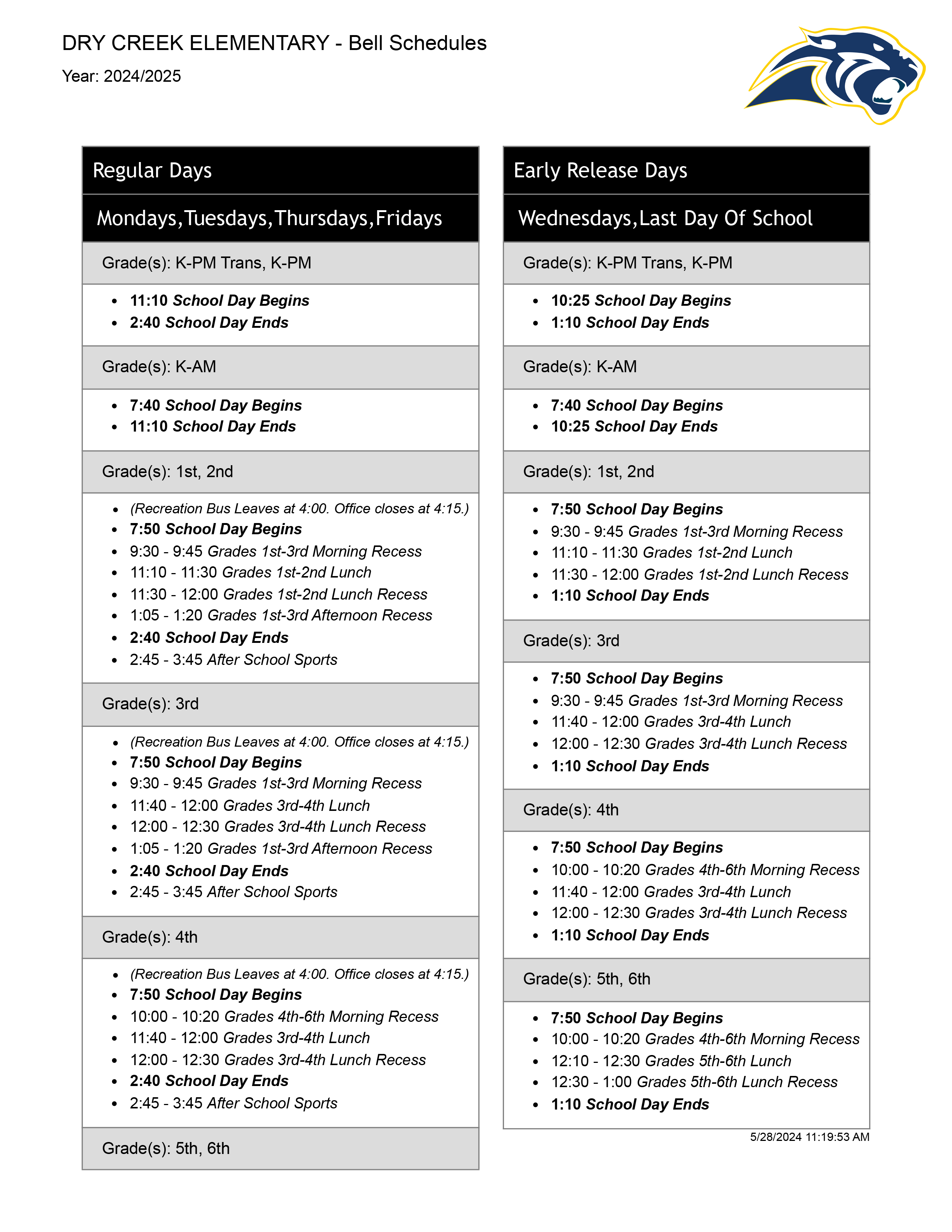 2024-2025 Bell Schedule