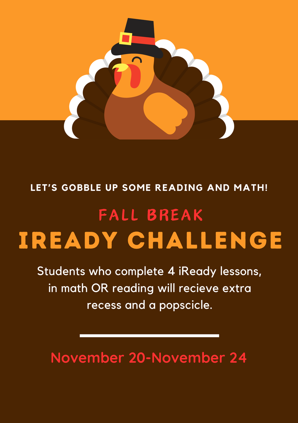 Picture of a turkey with information about iReady Challenge