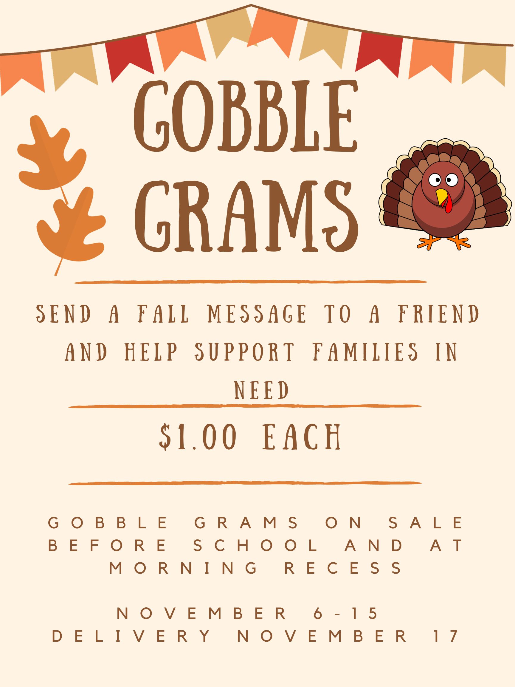 Gobble Grams info. turkey with tan background