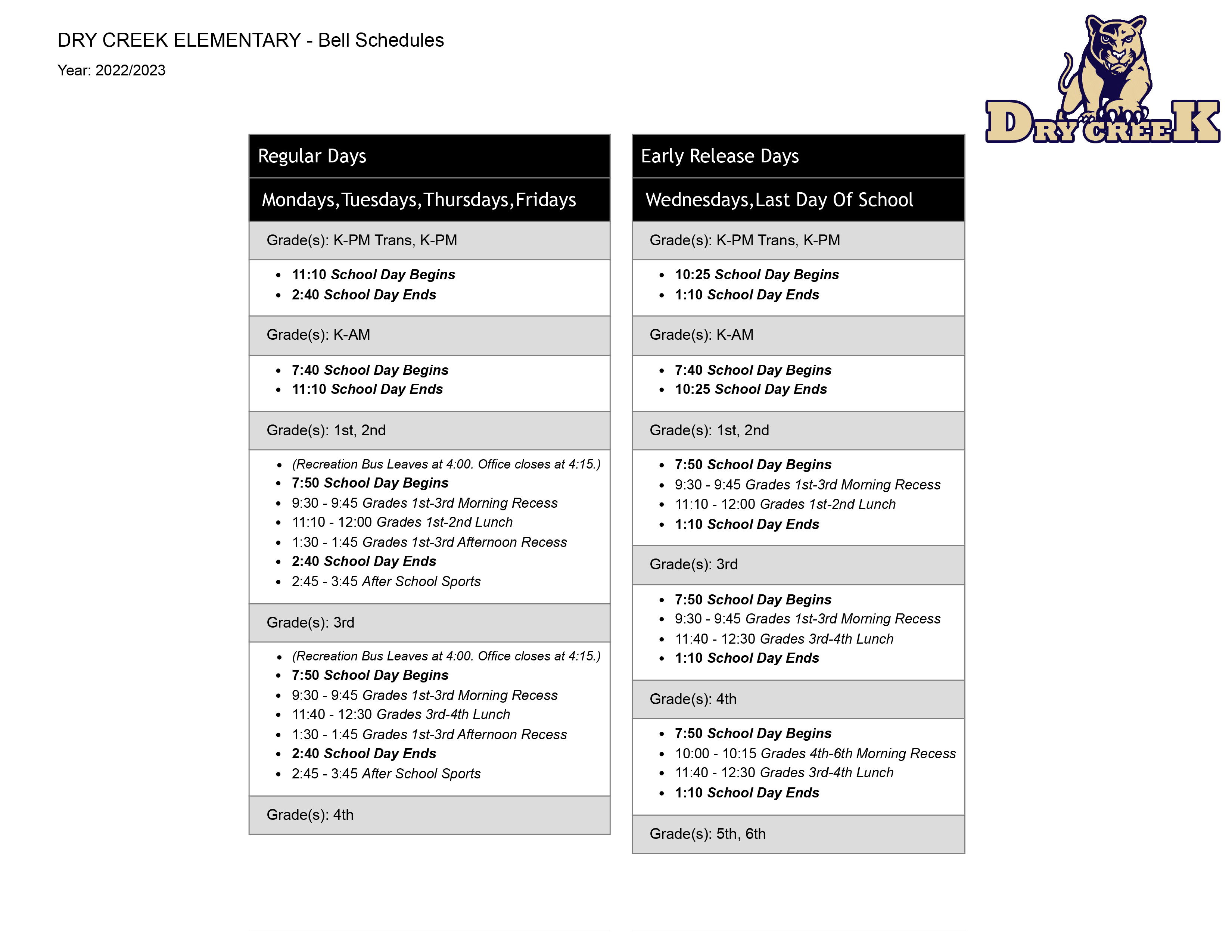Image is of School Bell Schedule