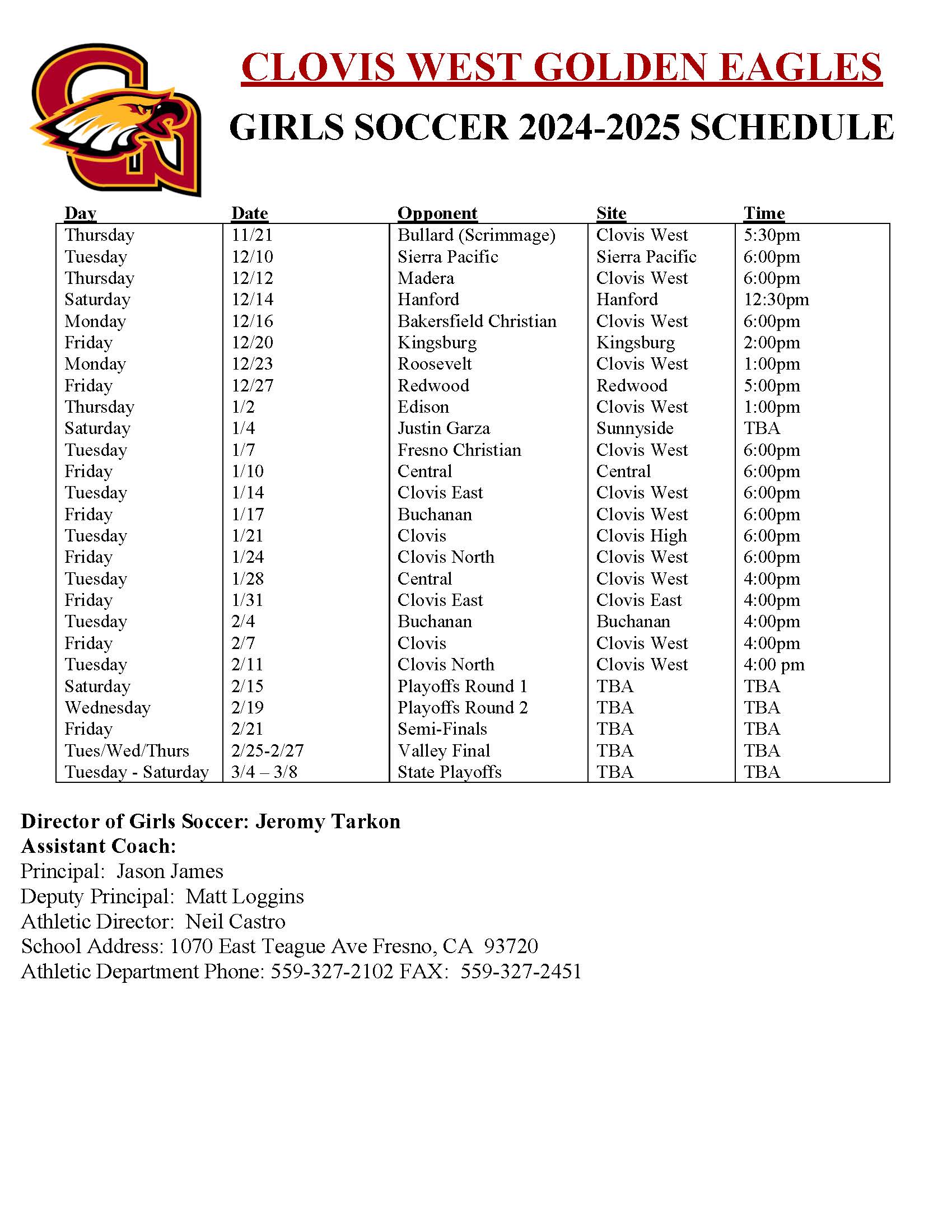 Girls Soccer Schedule