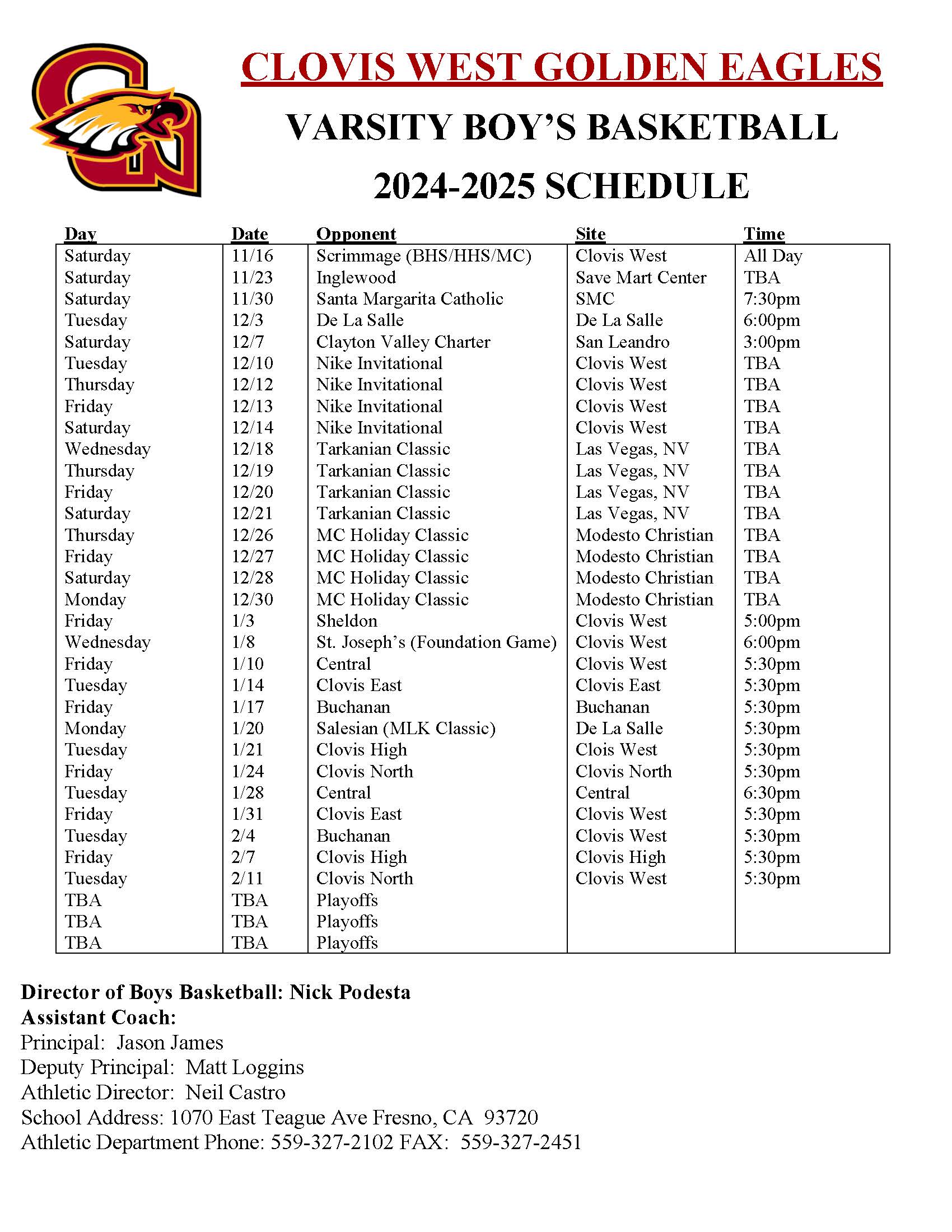 Boys Basketball Schedule