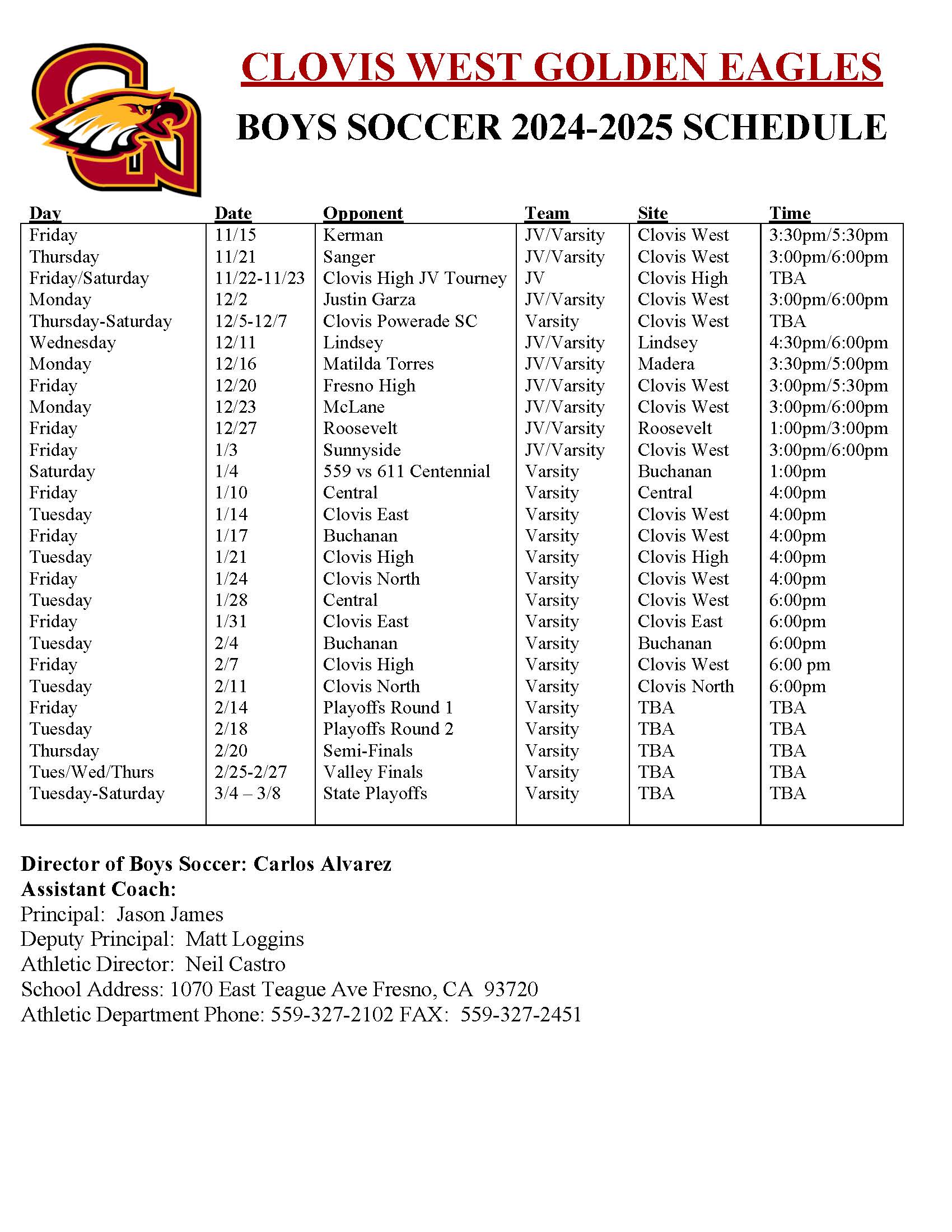 Boys Soccer Schedule