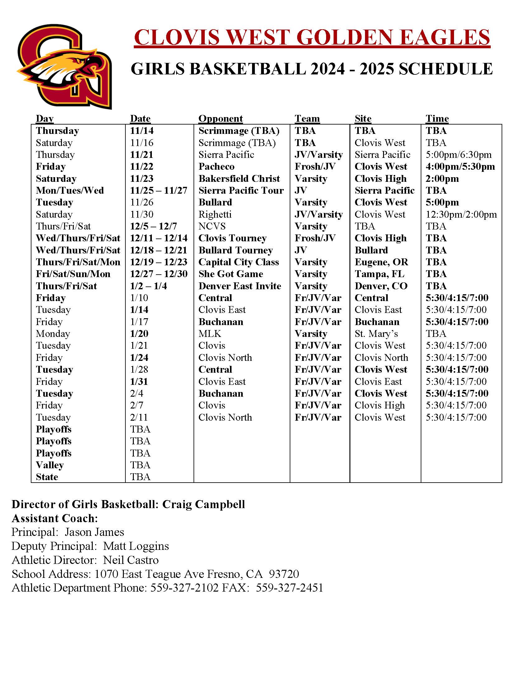 Girls Basketball Schedule