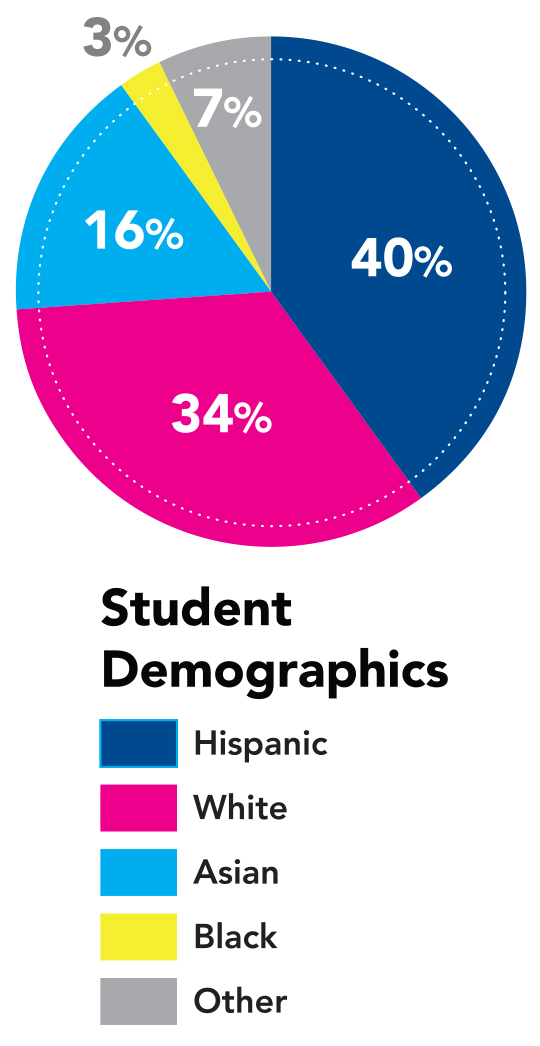 40% Hispanic, 34% White, 16% Asian, 3% Black, 7% Other