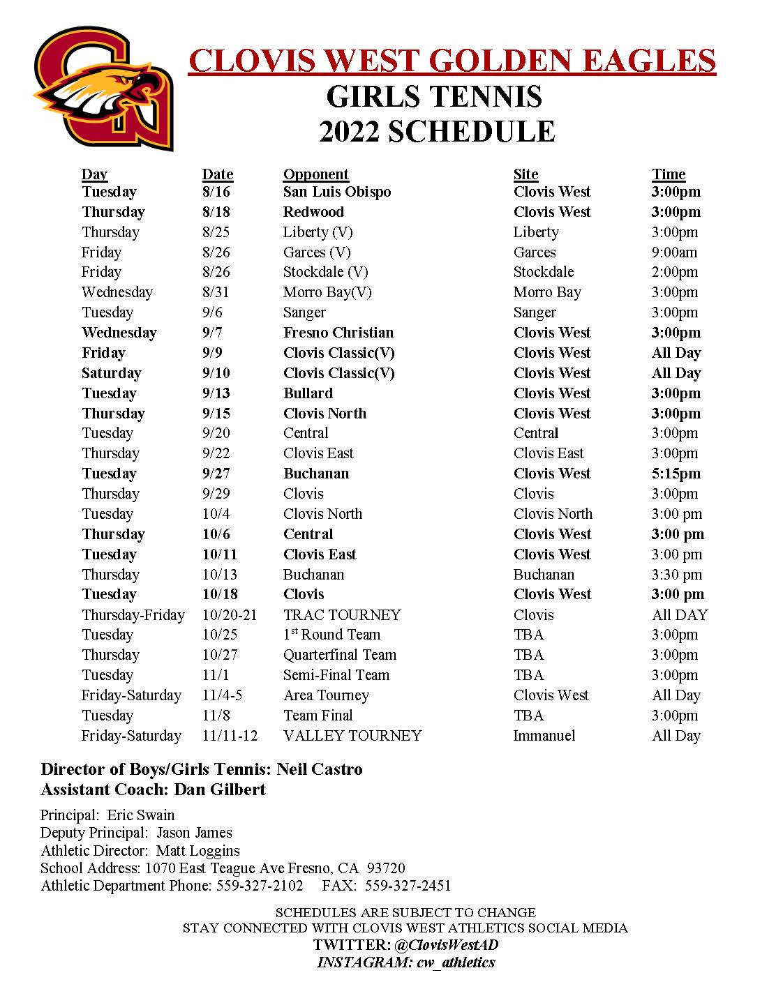 Girls Tennis Schedule