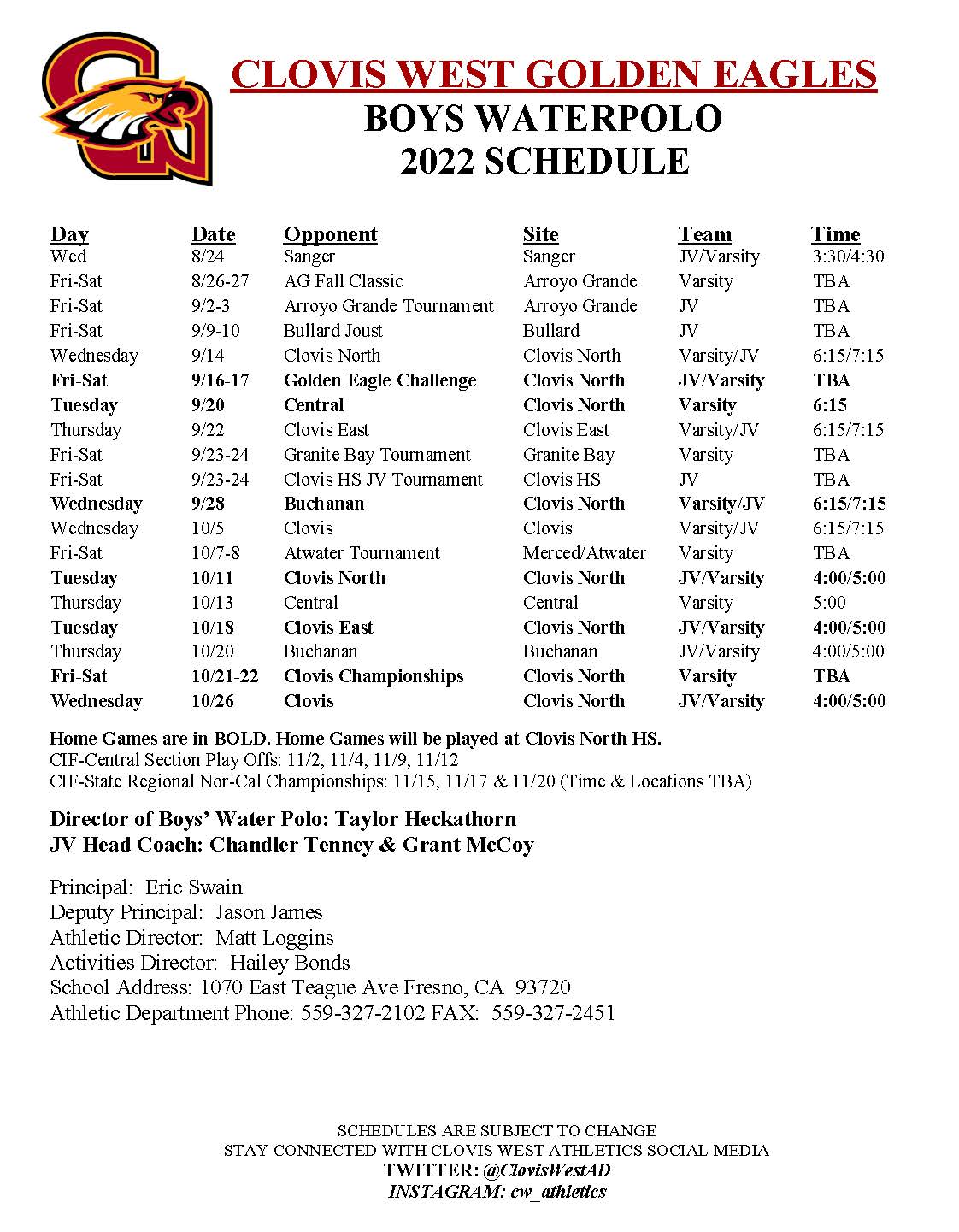 Boys WaterPolo schedule
