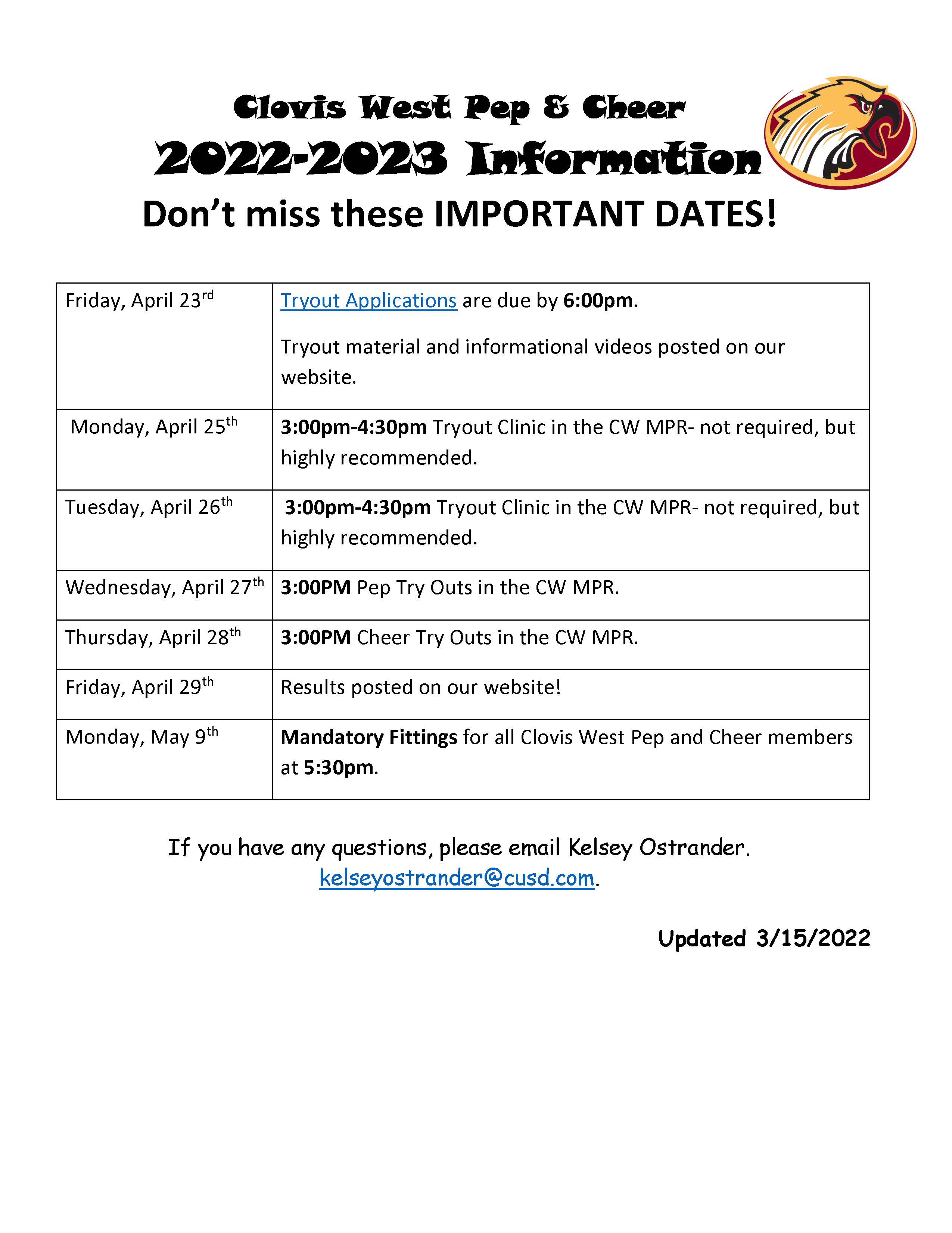 2022-2023 Cheer Important Dates