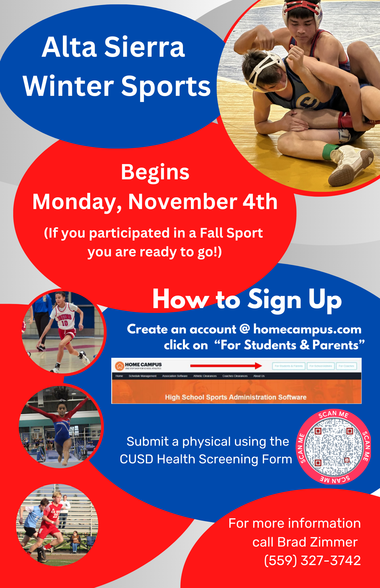 Alta Sierra Winter Sports begin Monday, November 4th! If you participated in a fall sport, you're ready to go! Create an account on Home Campus by clicking on "For Students and Parents." Submit a physical with a form from https://drive.google.com/file/d/1xOEMC3QBVTKLeKBzBEVSPlXJG9w95XRJ/view?usp=drivesdk. For more information, contact Brad Zimmer at (559) 3273742.