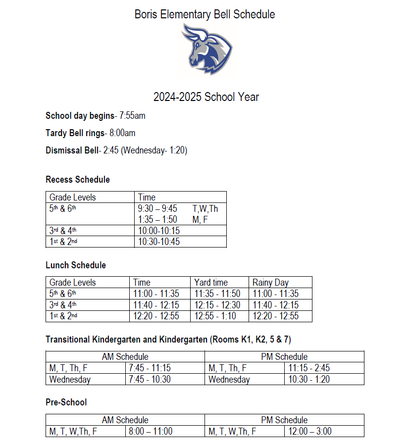 Boris Elementary Bell Schedule 2024-25