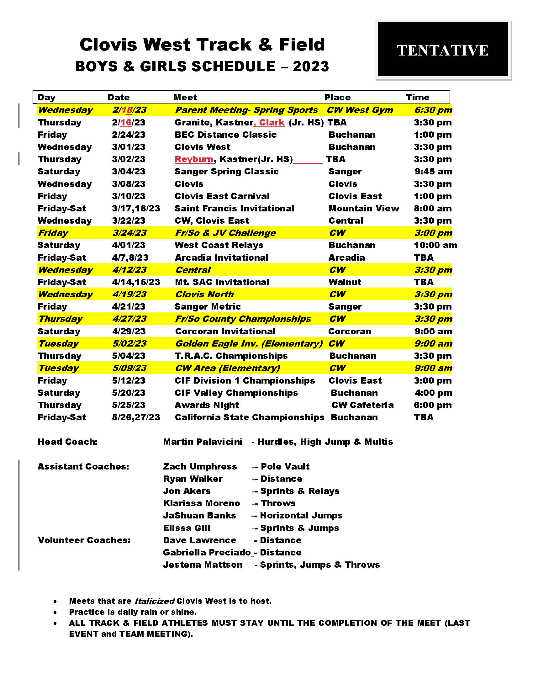 track & field schedule