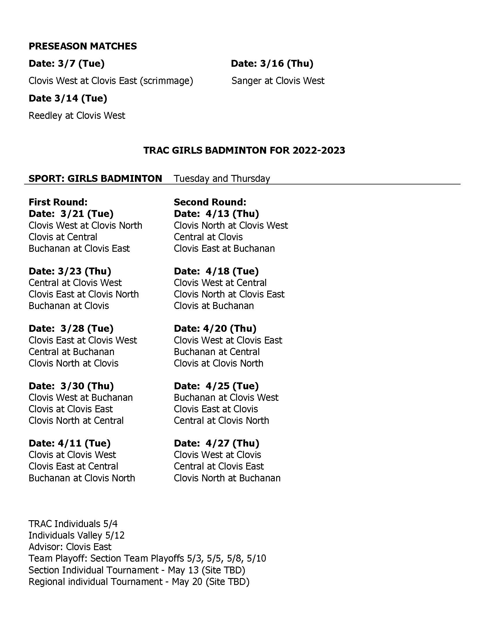 badminton schedule