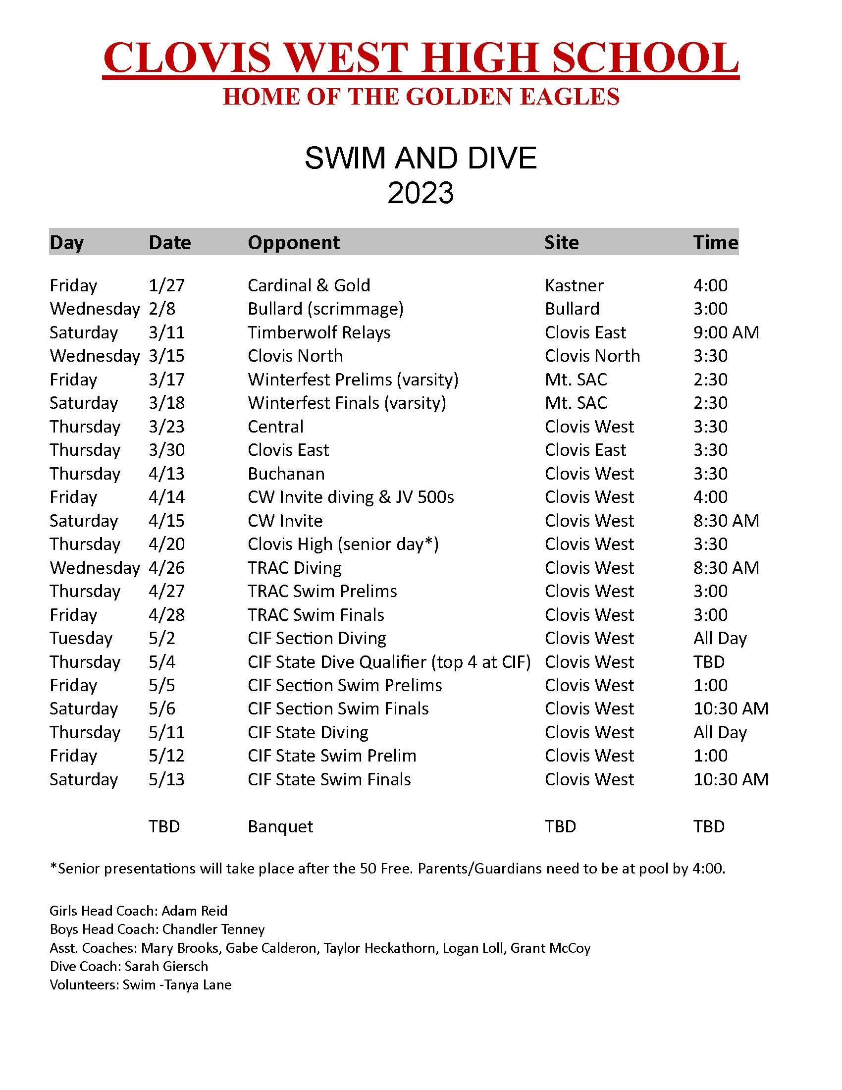 swim and dive schedule