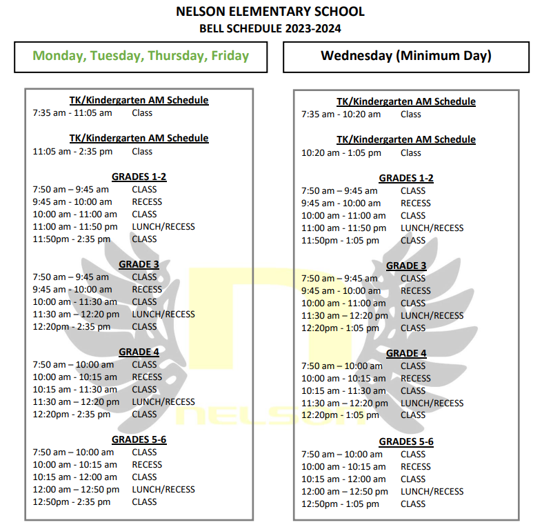 Nelson Elementary Bell Schedule 2023-2024