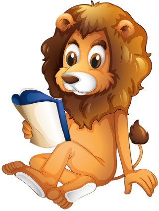 Cartoon lion reading a book
