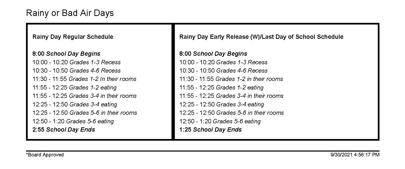 Rainy day bell schedule