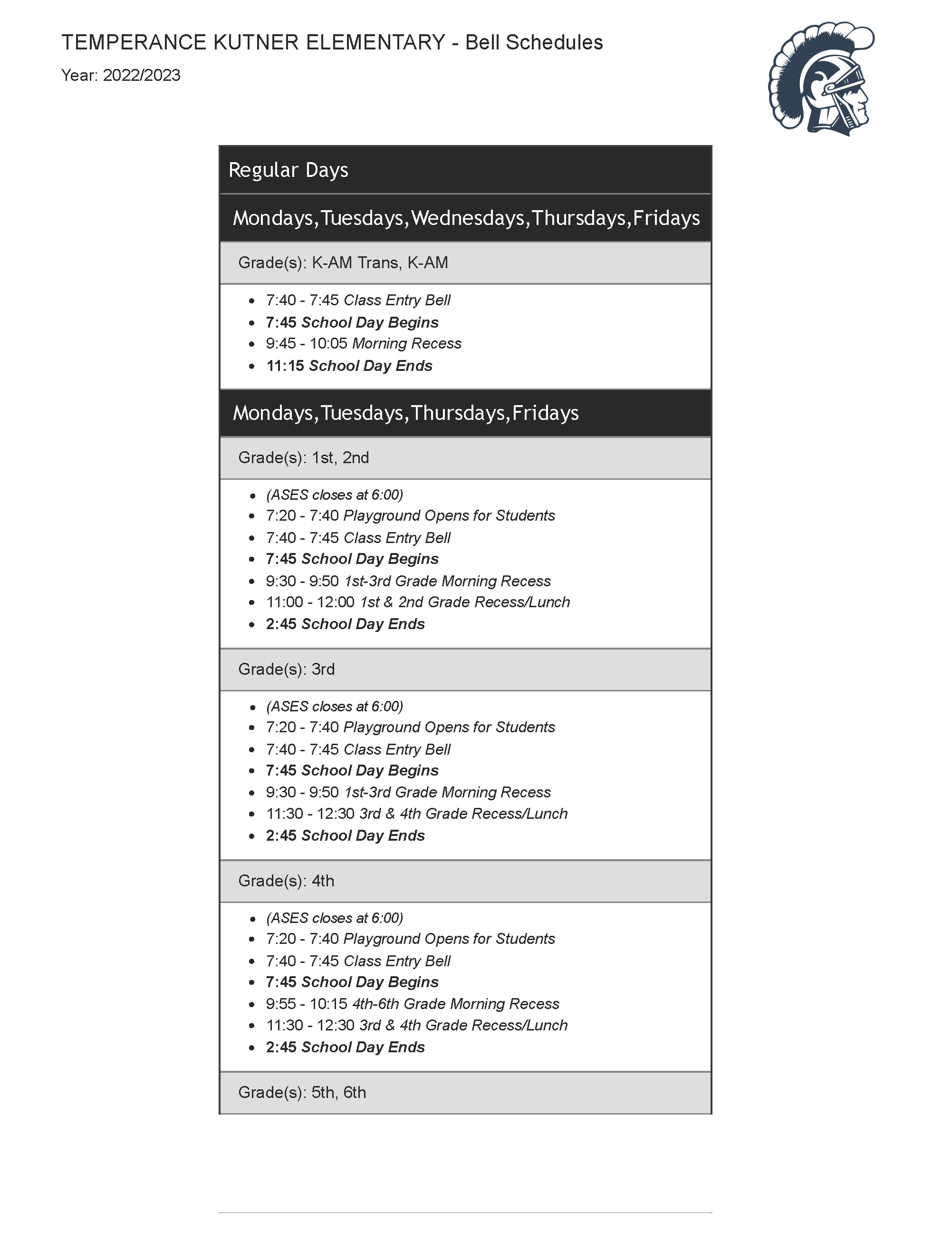 2022-23 Temperance Kutner Bell Schedule - full text downloadable below