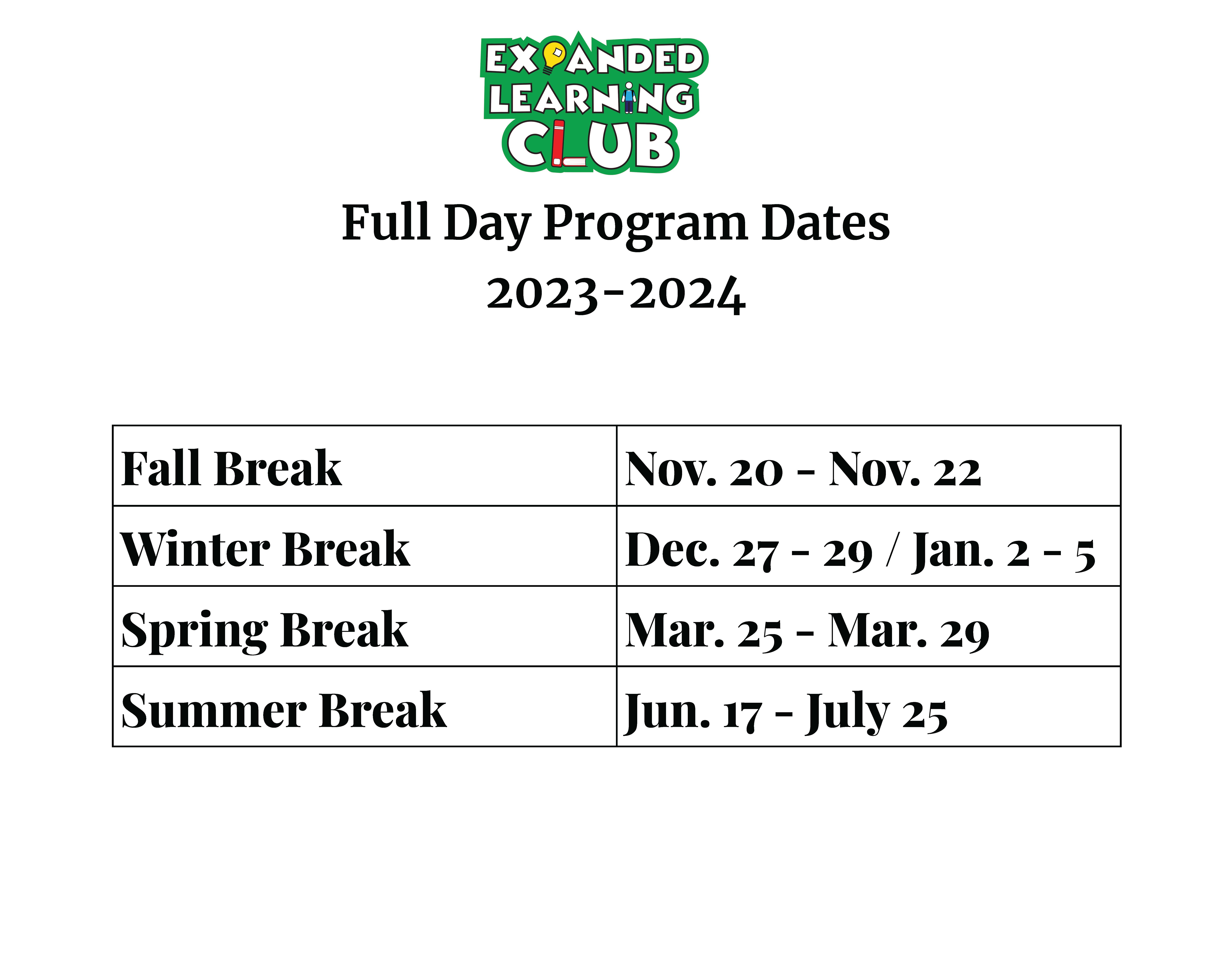 Full Day Program Dates 