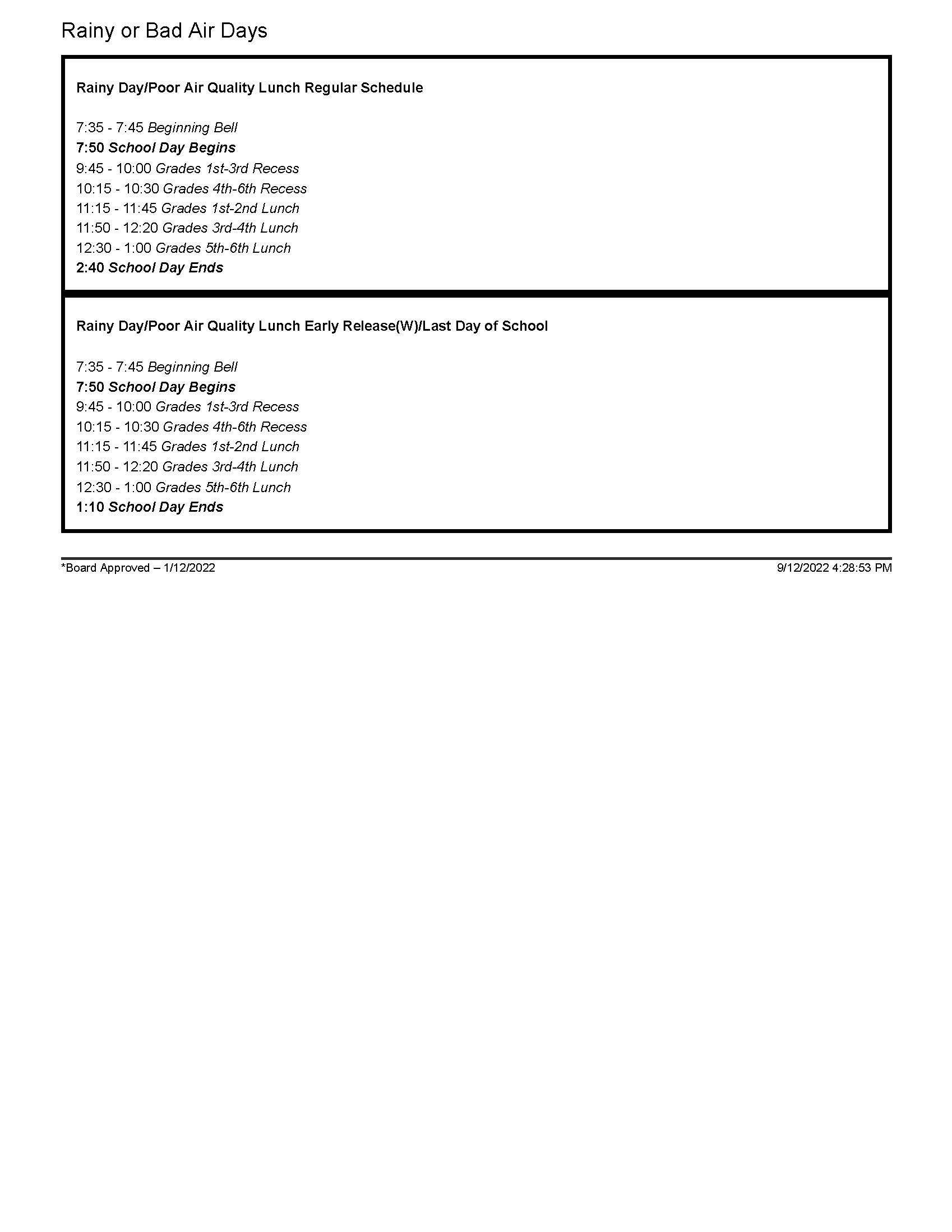 Rainy/Bad Air Day Schedule