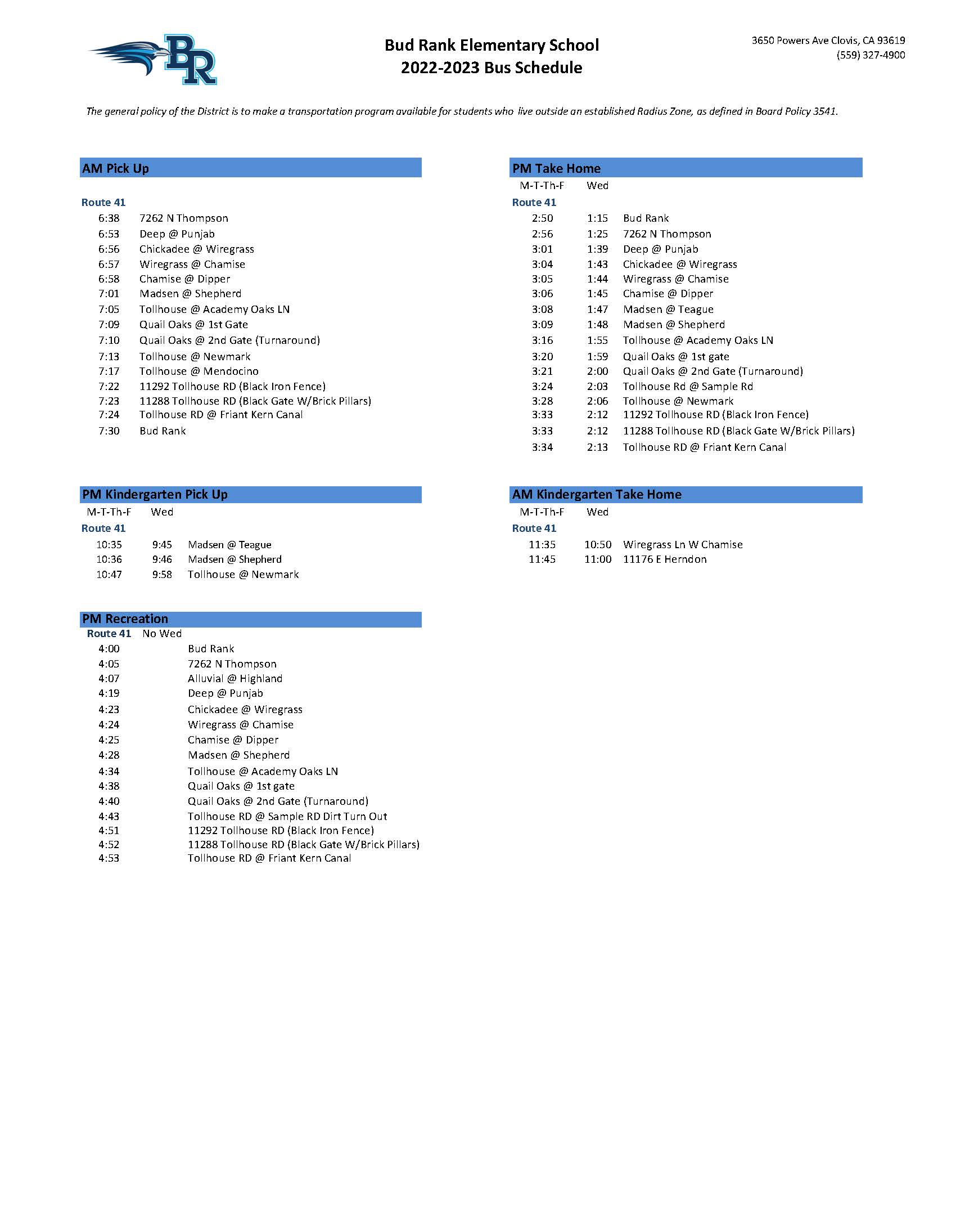 Bus Schedule, pdf below