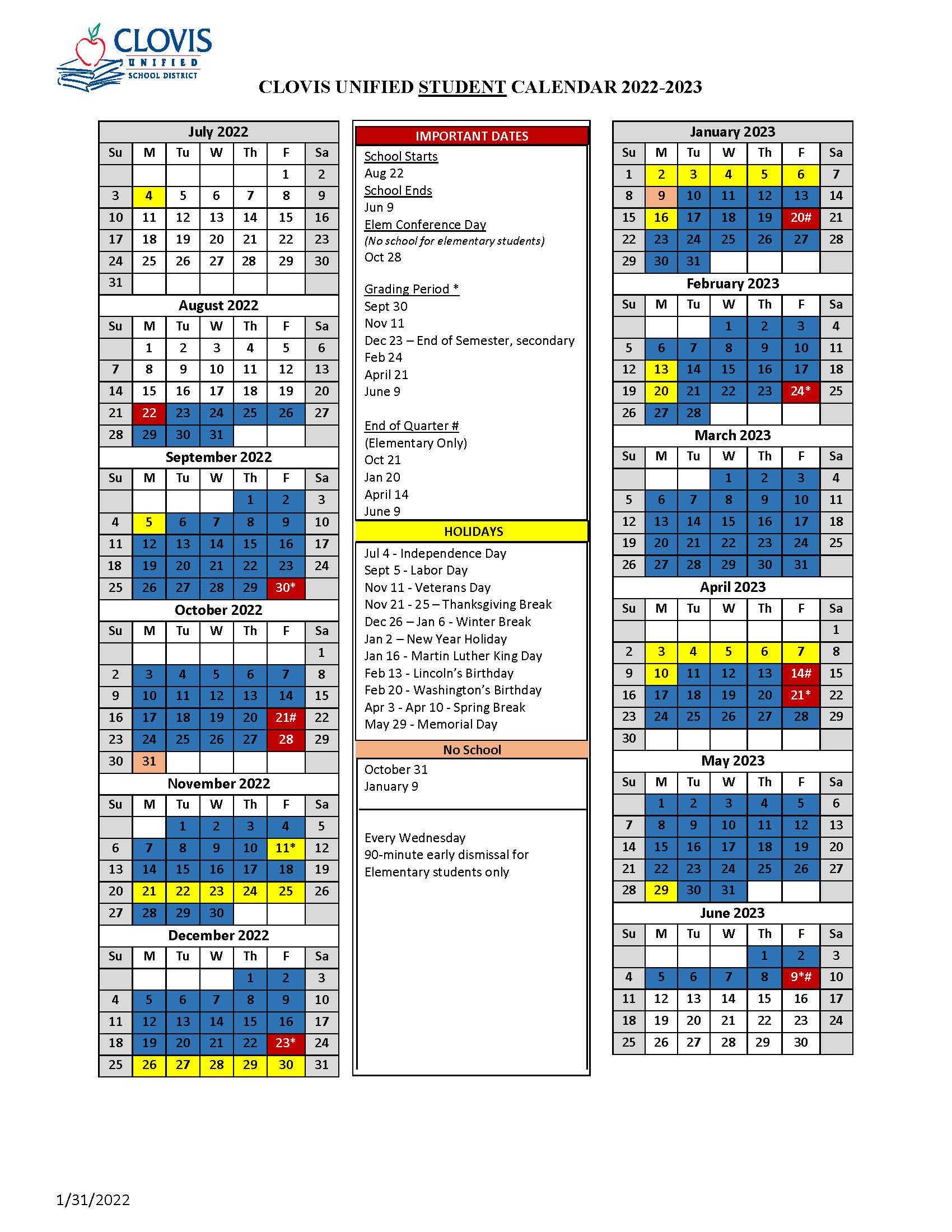 22-23 Student Calendar, pdf below