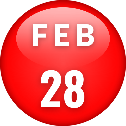 Red circle graphic with white text that reads, "February 28."