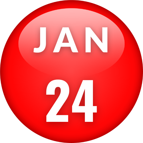 Red circle graphic with white text that reads, "January 24."
