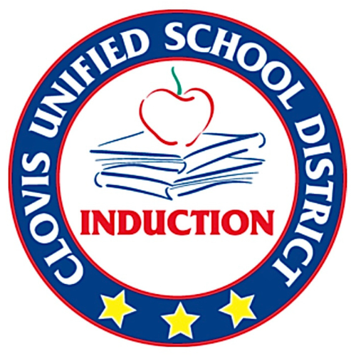 CUSD Induction Logo: Blue Circle with white text reads, "Clovis Unified School District" at top and three yellow stars at bottom. In the center of blue circle is a white circle with red text that reads, "Induction". Above the word Induction is an outline of a book stack and a red apple resting on top. 