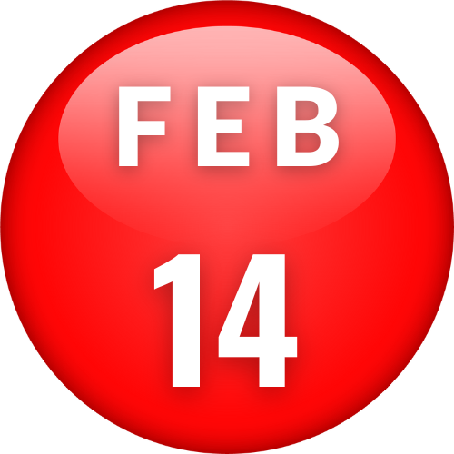 Red circle graphic with white text that reads, "February 14."