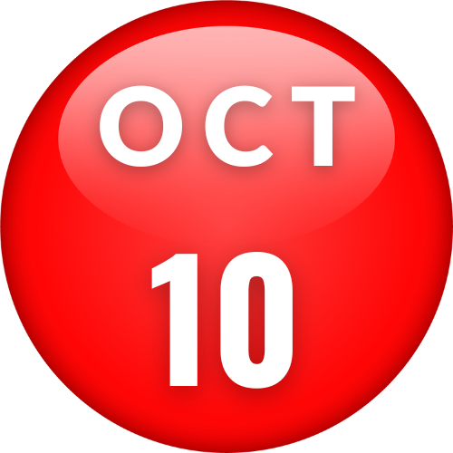 Red circle graphic with white text that reads, "October 10."