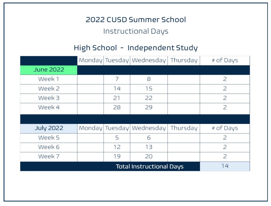 Independent Study Summer School Calendar