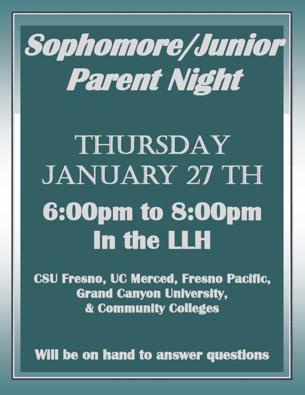 Updated Flyer for Sophomore / Junior Parent Night at Clovis East High School Jan. 27th 6-8 pm