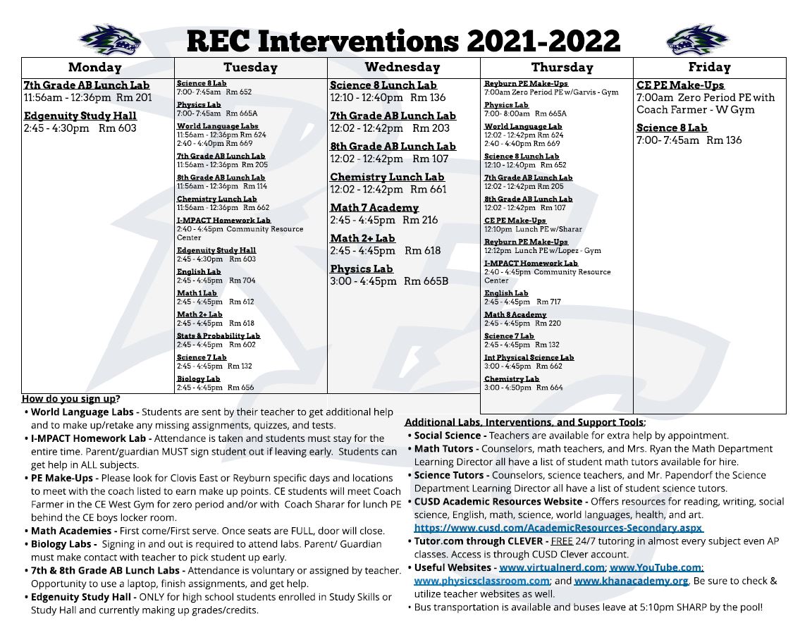 REC Interventions Schedule Picture 