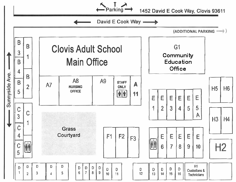 School Map showing streets, parking, administration office, classroom and restrooms.