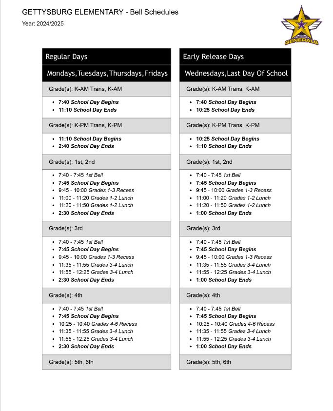 2024-2025 Bell Schedule