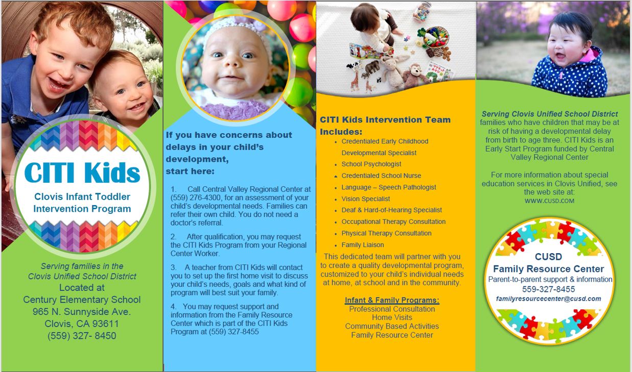 Image of CITI Kids brochure. Green, blue and yellow with smiling young children. Downloadable RTF link below.