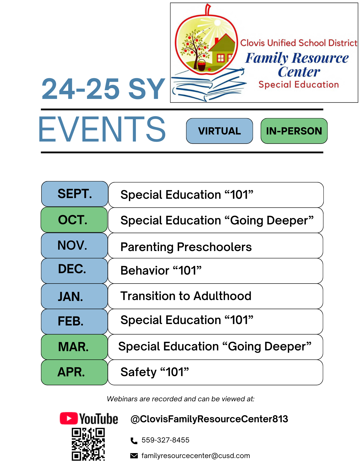 Image of 24-25 Family resource Center events schedule. Recorded events are posted on the FRC Youtube channel. @ClovisFamilyResourceCenter813