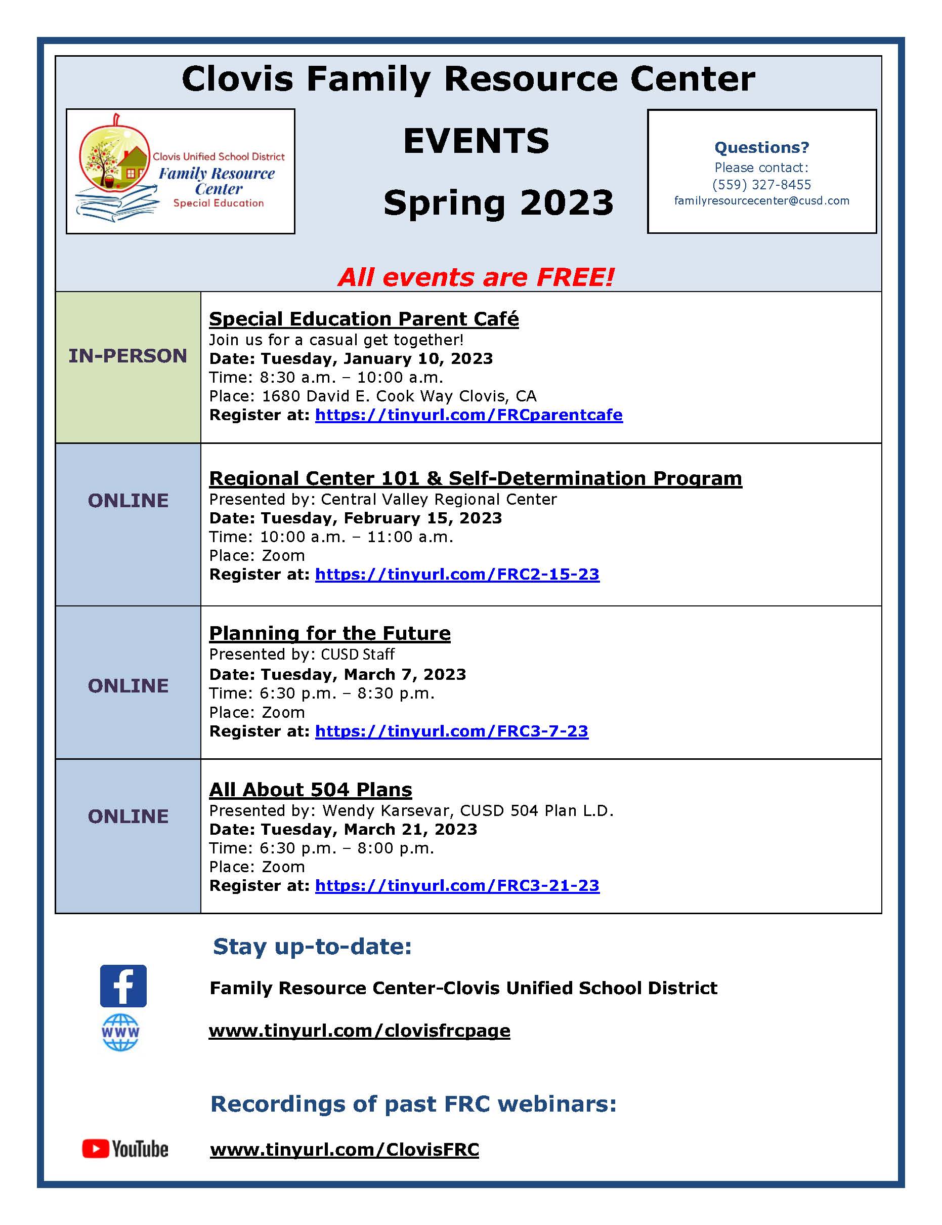 Image of Spring 2023 FRC events calendar. RTF version available for download on the right-hand side of this page.