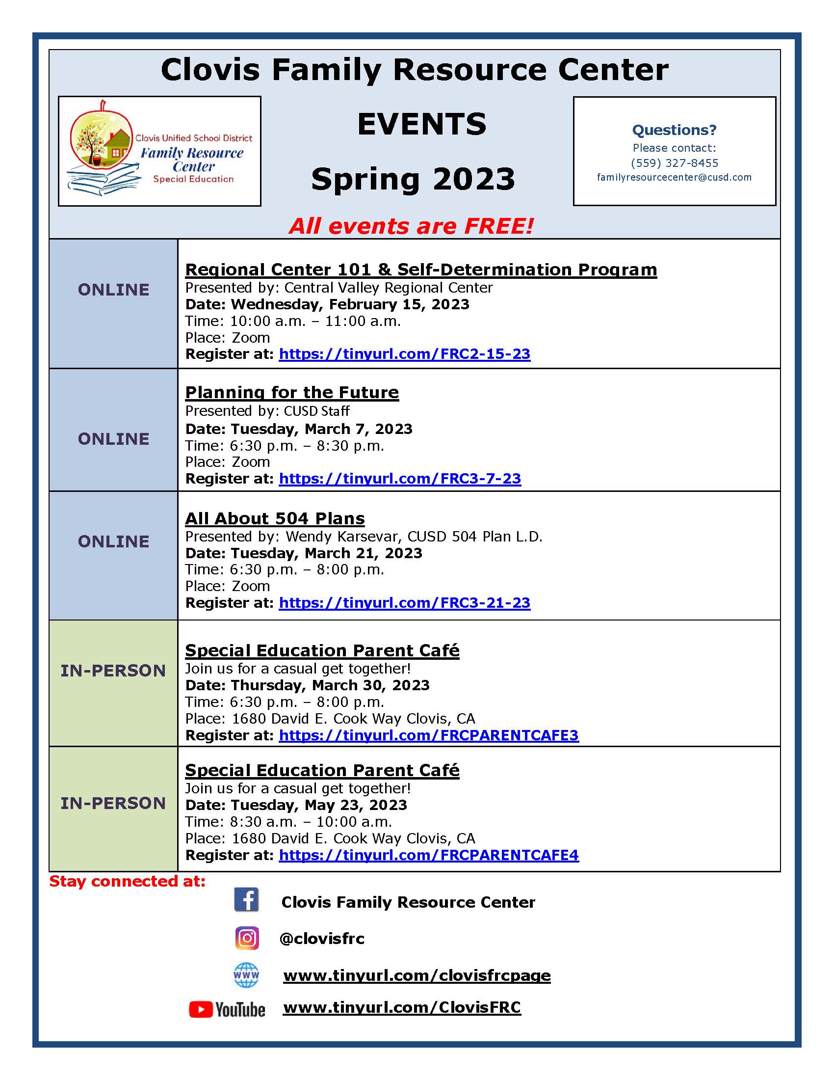 Image of Spring 2023 FRC events calendar. RTF version available for download on the right-hand side of this page.