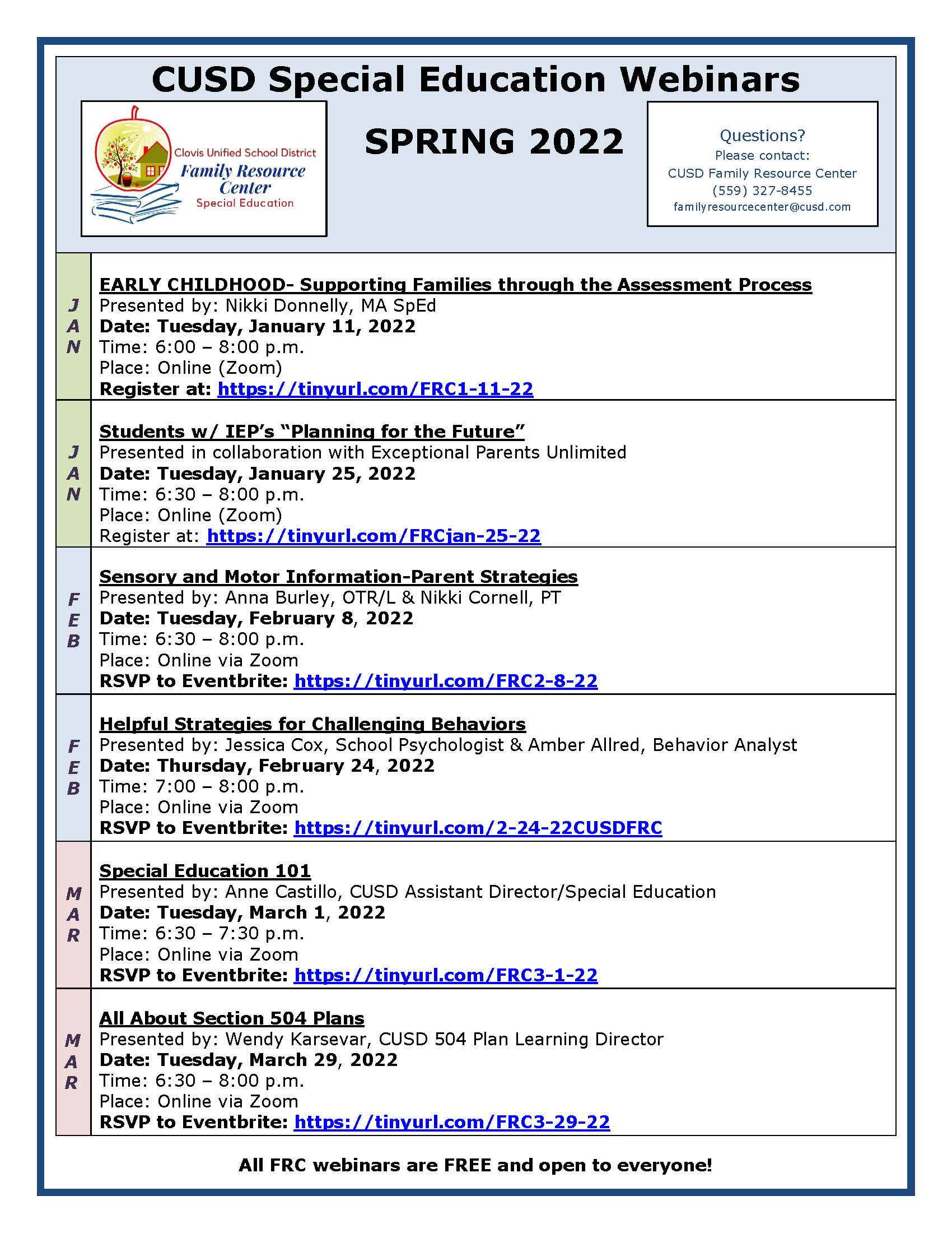 Image of CUSD FRC Spring calendar. RTF version  available for download on this page.