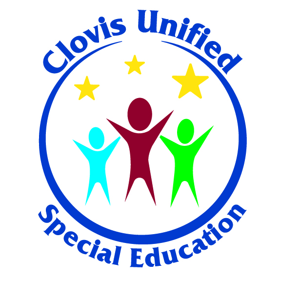 Blue circle with sky blue, red and green stick figures and three yellow stars inside. Blue lettering "Clovis Unified Special Education"