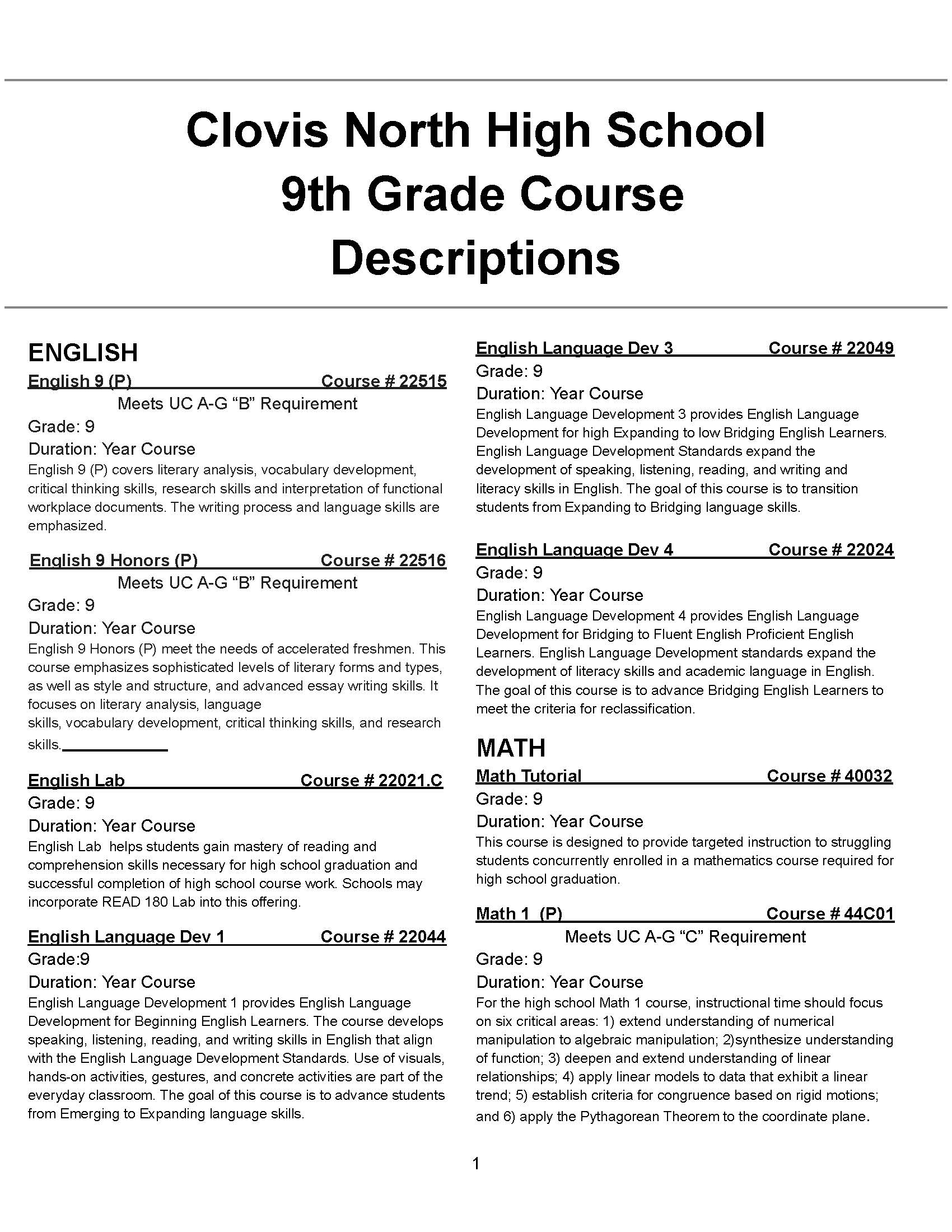 9th grade course description