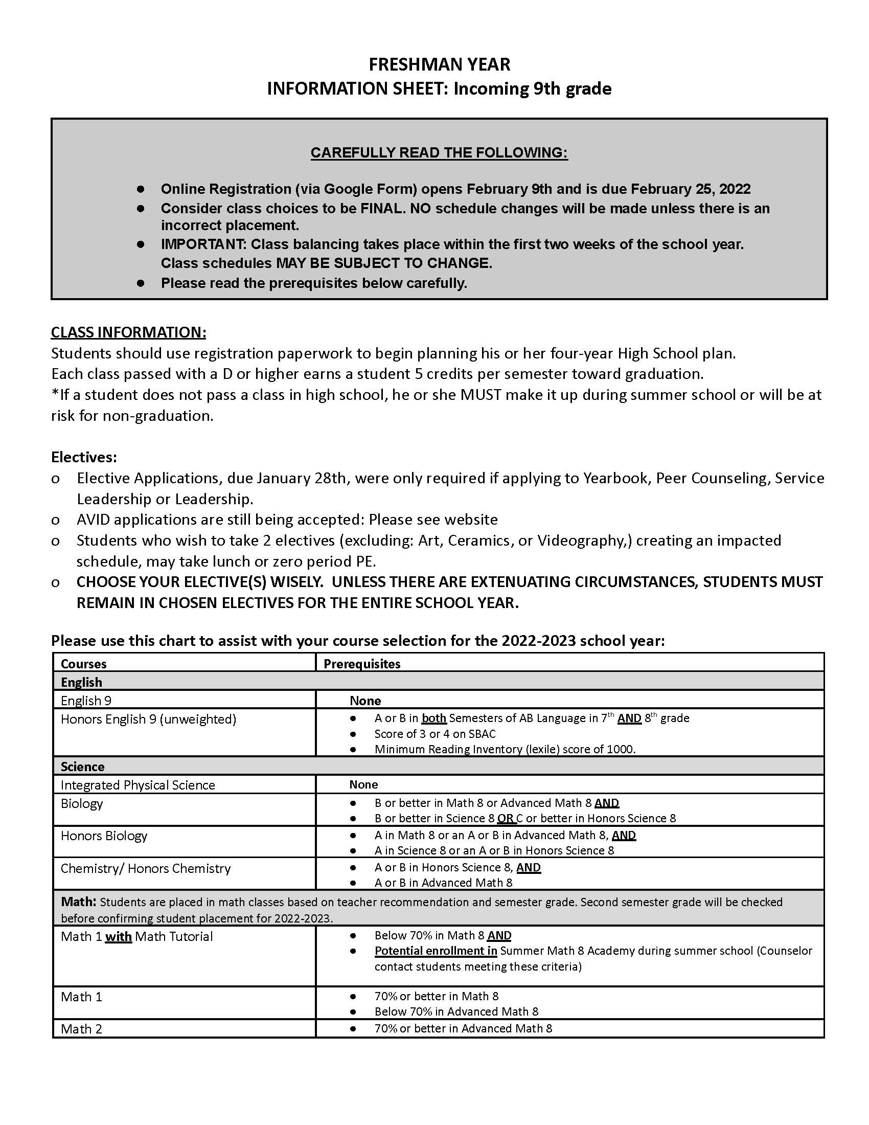 9th Grade information sheet 