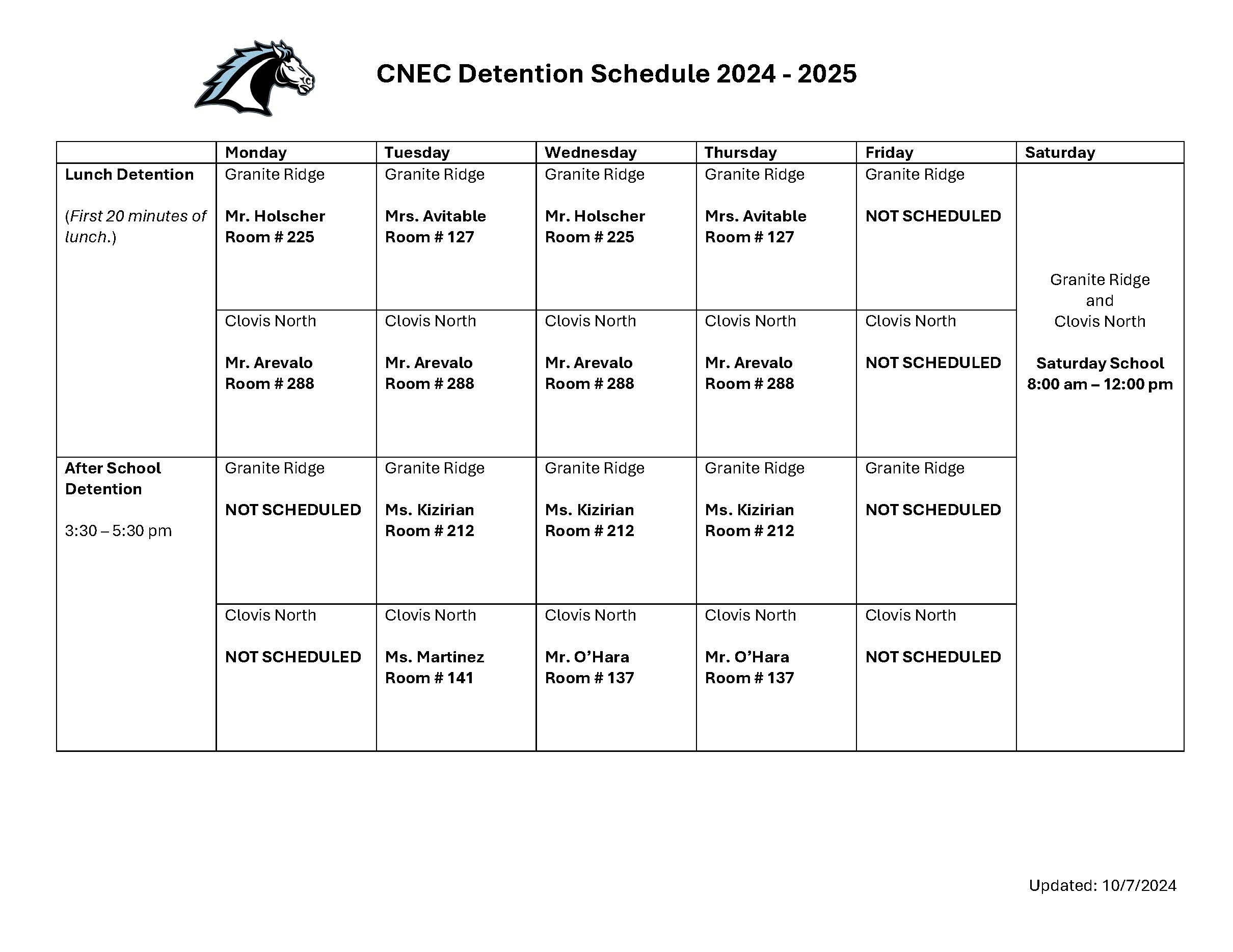 detention schedule