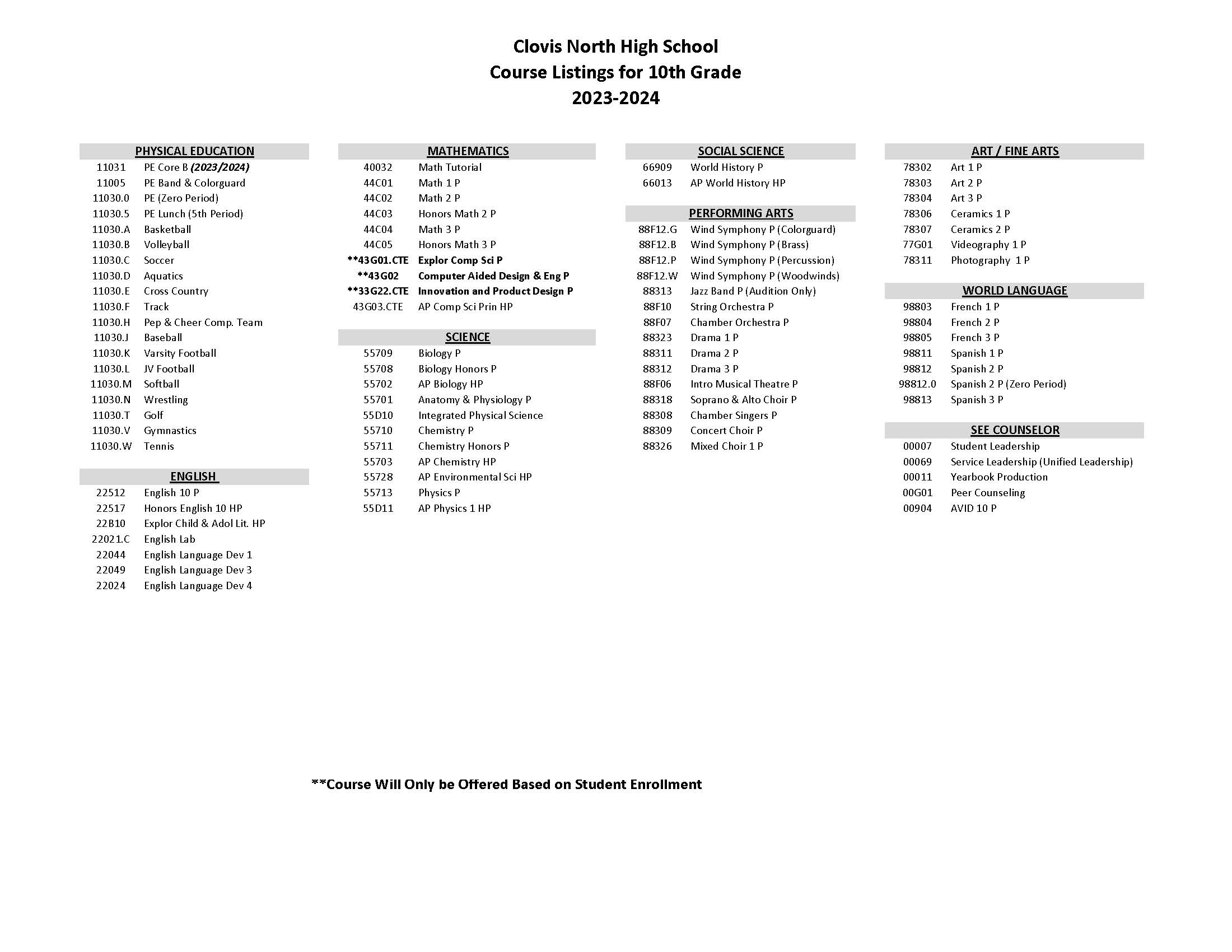 course offerings 10th grade