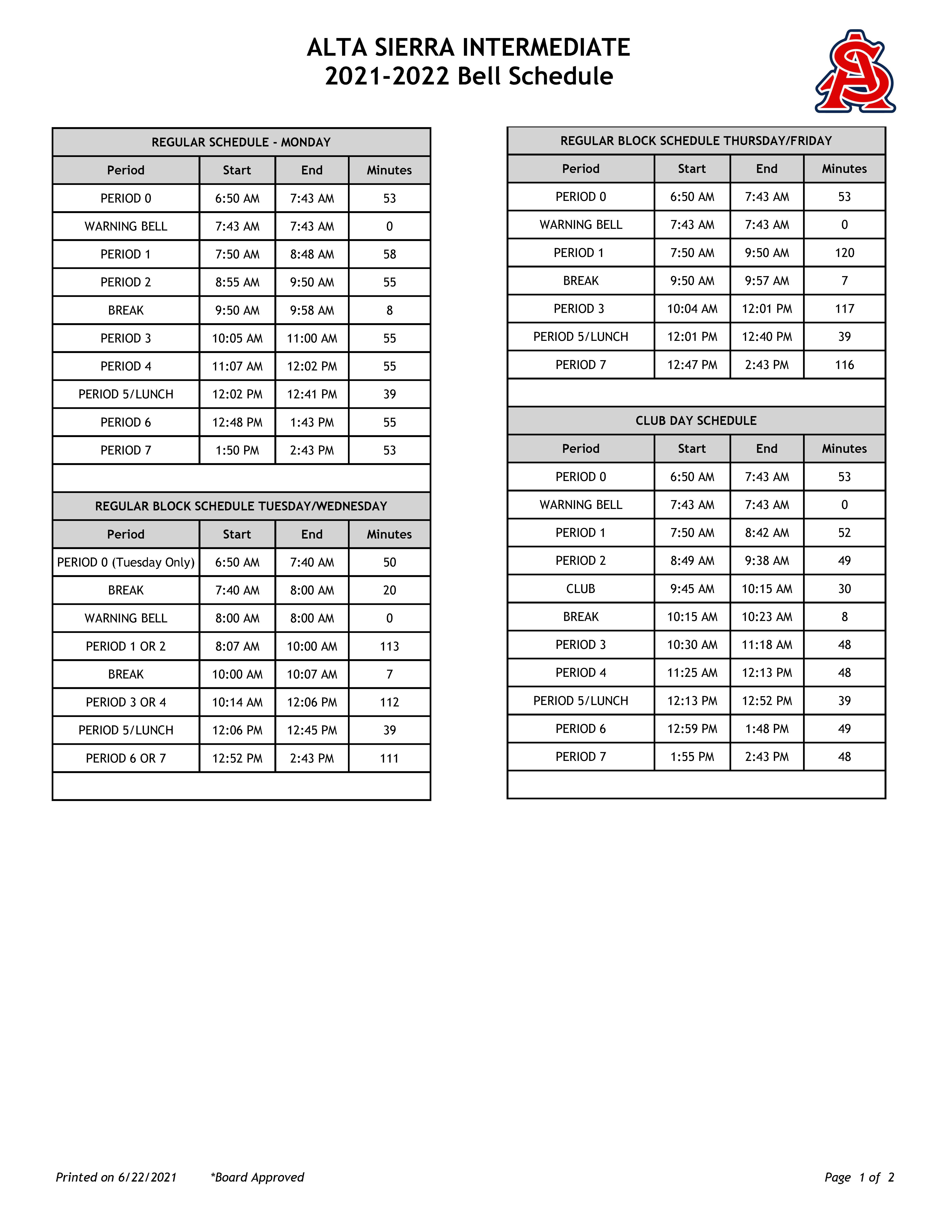 ASI Bell Schedule P1