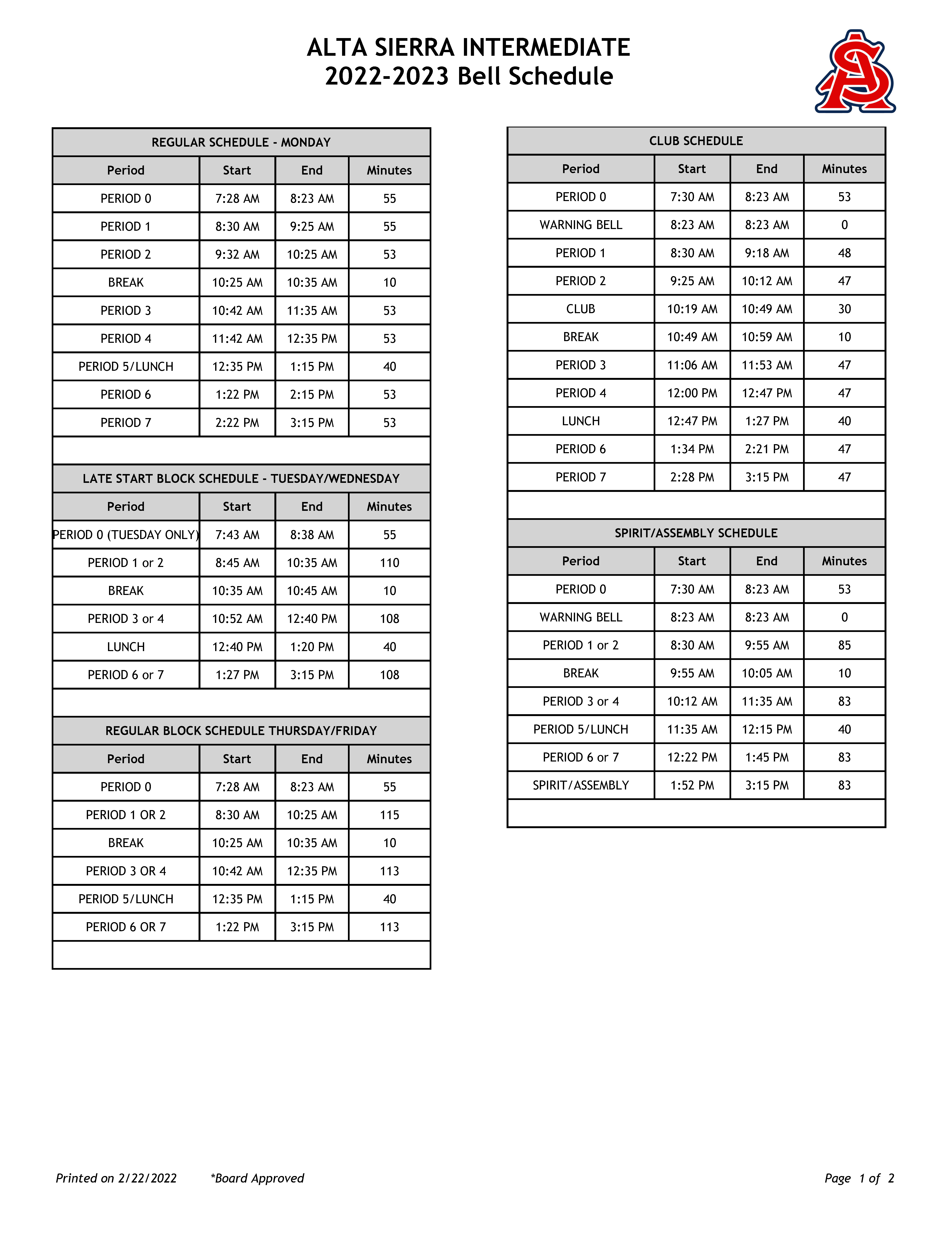 2022-23 Alta Sierra Bell Schedule 